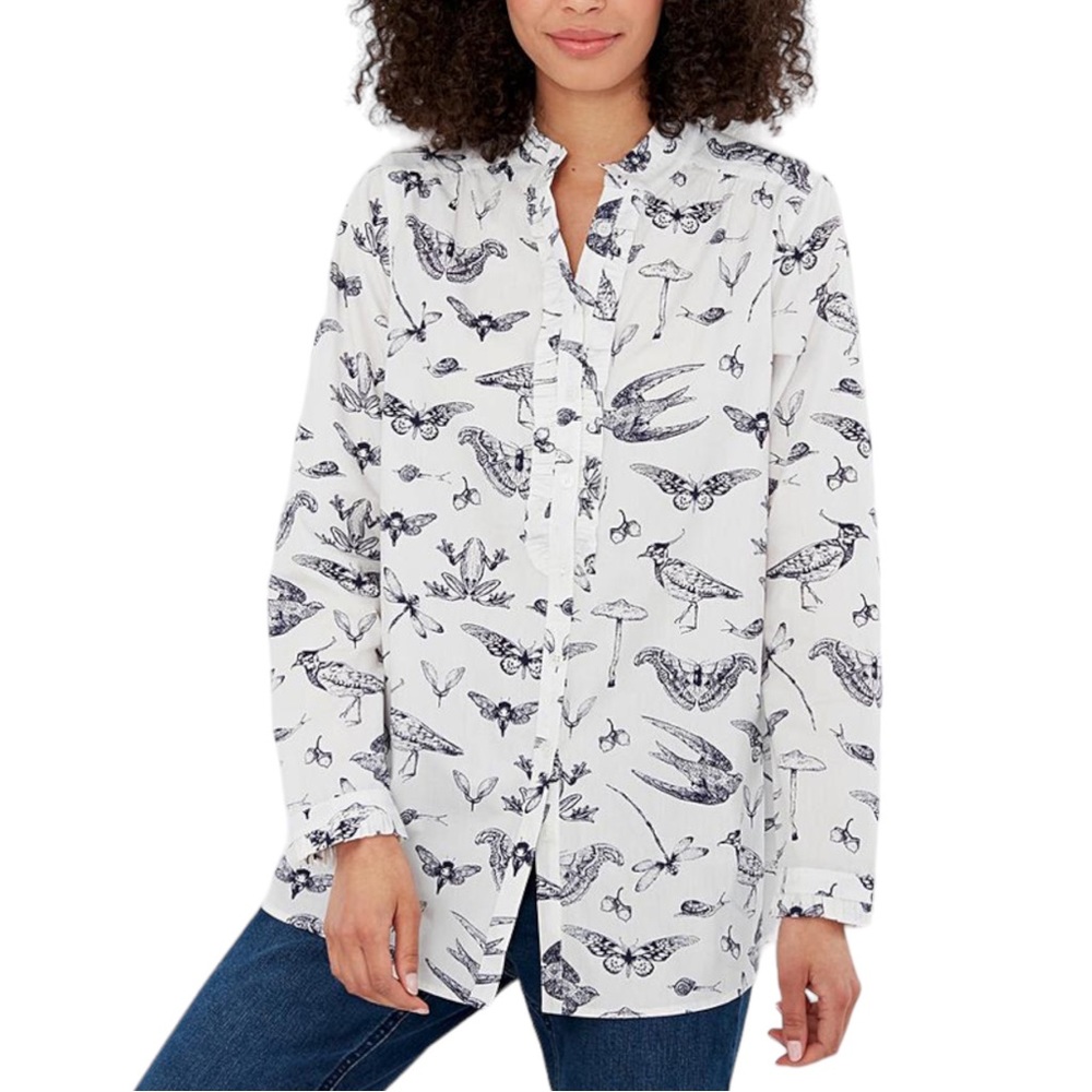 Joules White Button-Front Blouse with Black Nature Print